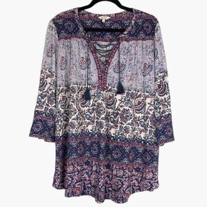 Lucky Brand Boho Tunic Top Womens 1X Floral Tassel Tie Neck Peasant Blouse